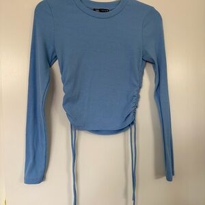 Zara Light Blue Ribbed Long-Sleeve Ruched Crop Top